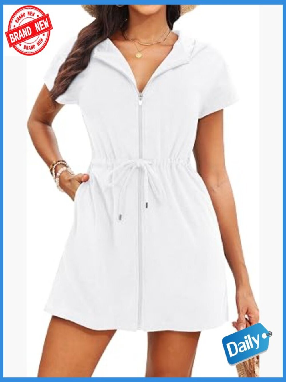 Hooded Terry Cotton Cover Up with Zipper Pockets